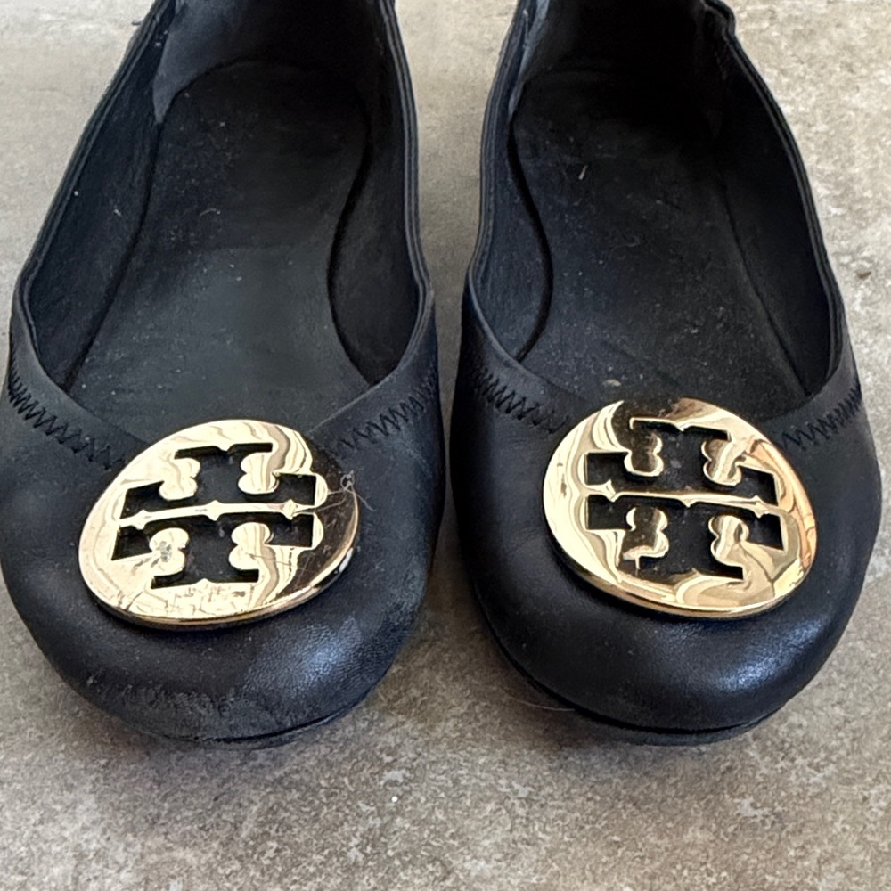 Tory Burch Black Leather Ballet Flats with Gold Logo Medallions - Picture 3 of 5
